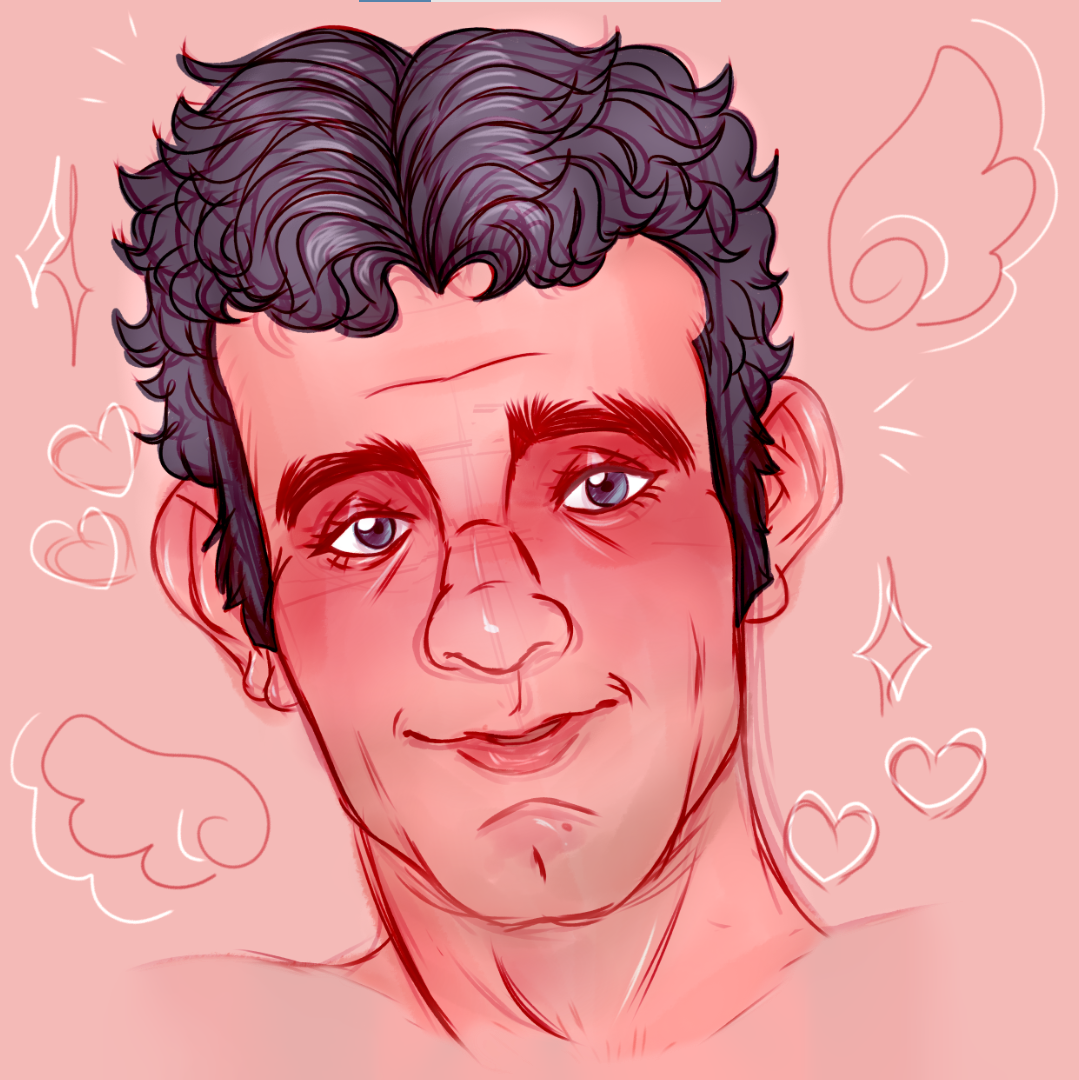 Semi-realistic portrait of Stefán Karl, background is the same color as his skin which is light pink and his hair is a dark purple and so are his eyes, he's blushing and there are different doodles around him of hearts, angel wings and sparkles.